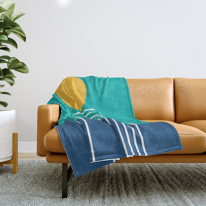 Geometric Lines in Blue Teal Yellow (Sun and Rainbow abstraction) Throw Blanket Gallery Image 1