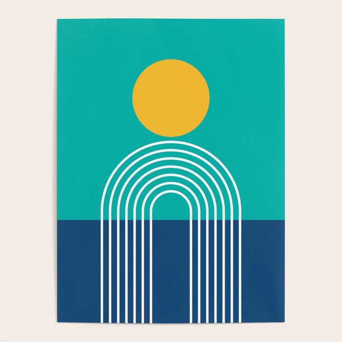 Geometric Lines in Blue Teal Yellow (Sun and Rainbow abstraction) Poster Gallery Image 4