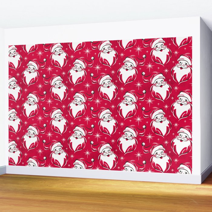 'Tis The Season Retro Santa Red White Pattern Wall Mural Gallery Image 2