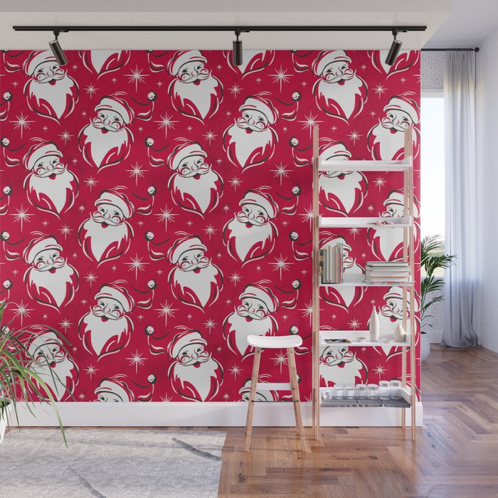 'Tis The Season Retro Santa Red White Pattern Wall Mural Gallery Image 1