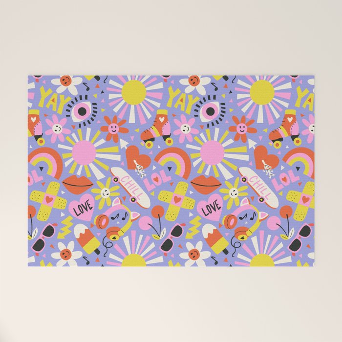Tweenager Life Happy 90s Roller Skates Retro Positivity Pattern Welcome Mat Gallery Image 1