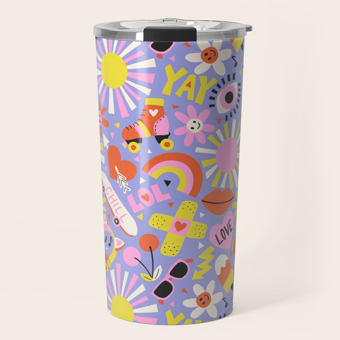 Tweenager Life Happy 90s Roller Skates Retro Positivity Pattern Travel Mug Gallery Image 1
