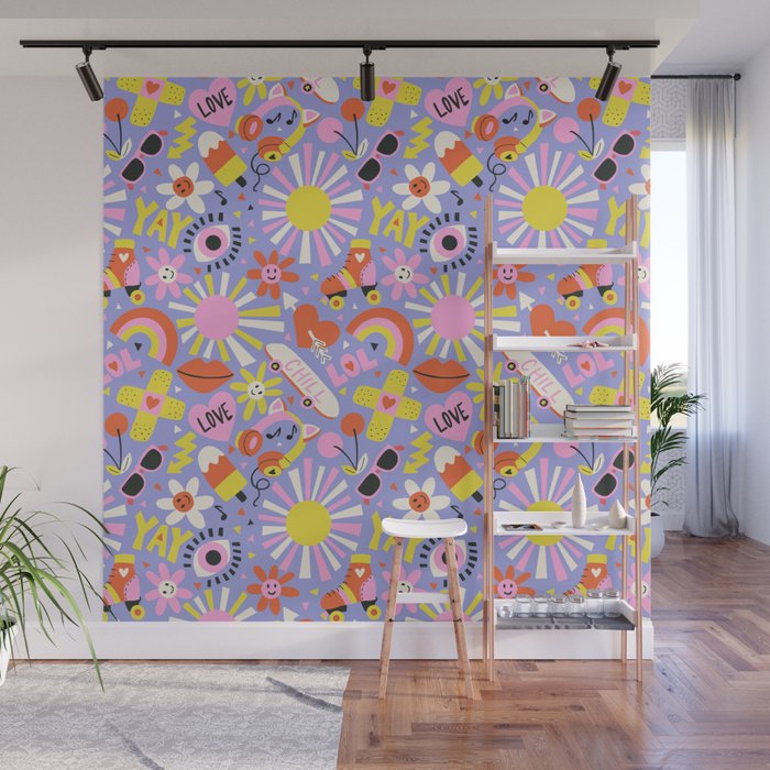 Tweenager Life Happy 90s Roller Skates Retro Positivity Pattern Wall Mural Gallery Image 1