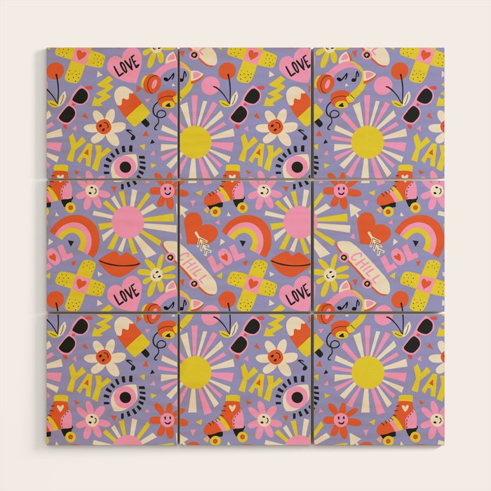 Tweenager Life Happy 90s Roller Skates Retro Positivity Pattern Wood Wall Art Gallery Image 1