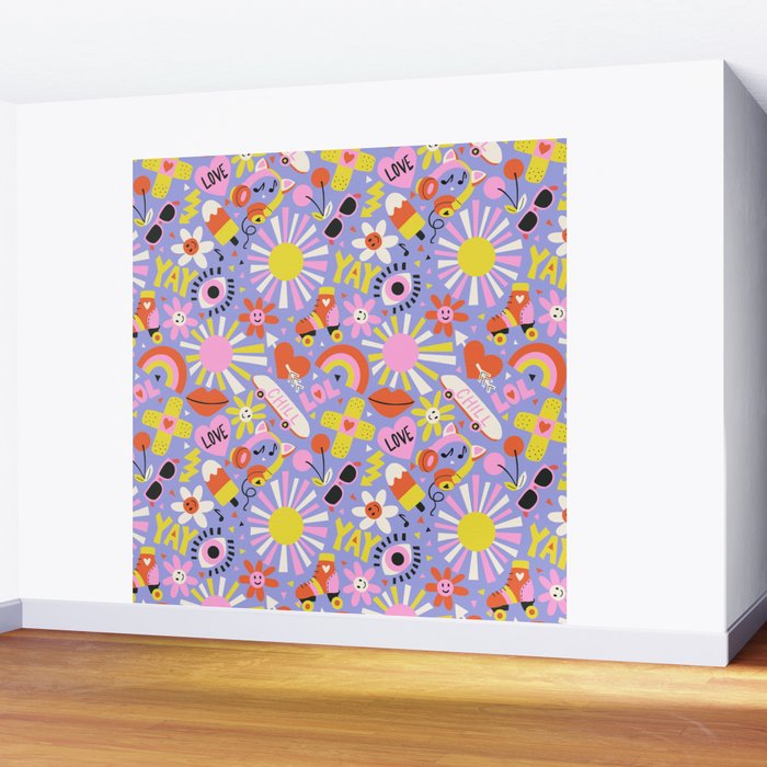 Tweenager Life Happy 90s Roller Skates Retro Positivity Pattern Wall Mural Gallery Image 2