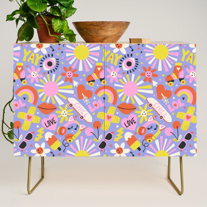 Tweenager Life Happy 90s Roller Skates Retro Positivity Pattern Credenza Gallery Image 1