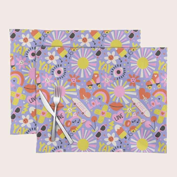 Tweenager Life Happy 90s Roller Skates Retro Positivity Pattern Placemat Gallery Image 1