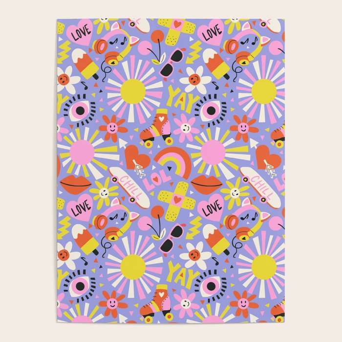 Tweenager Life Happy 90s Roller Skates Retro Positivity Pattern Poster Gallery Image 1
