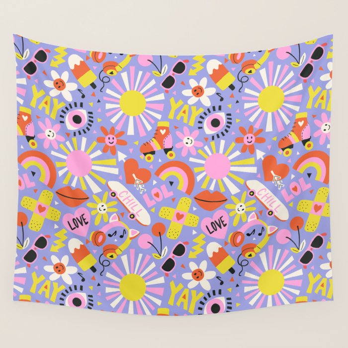 Tweenager Life Happy 90s Roller Skates Retro Positivity Pattern Wall Tapestry Gallery Image 1