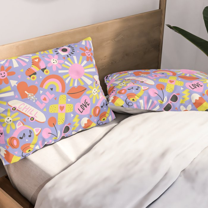 Tweenager Life Happy 90s Roller Skates Retro Positivity Pattern Pillow Sham Gallery Image 2