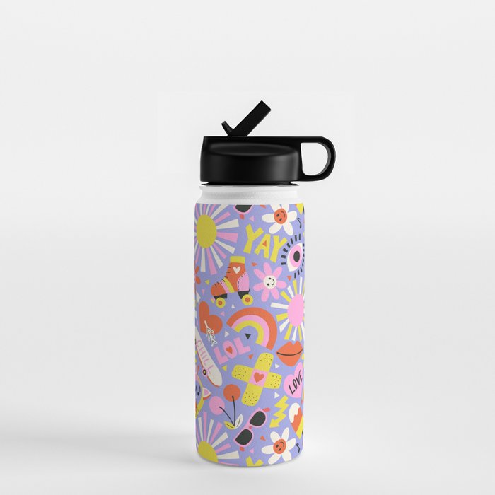 Tweenager Life Happy 90s Roller Skates Retro Positivity Pattern Water Bottle Gallery Image 1