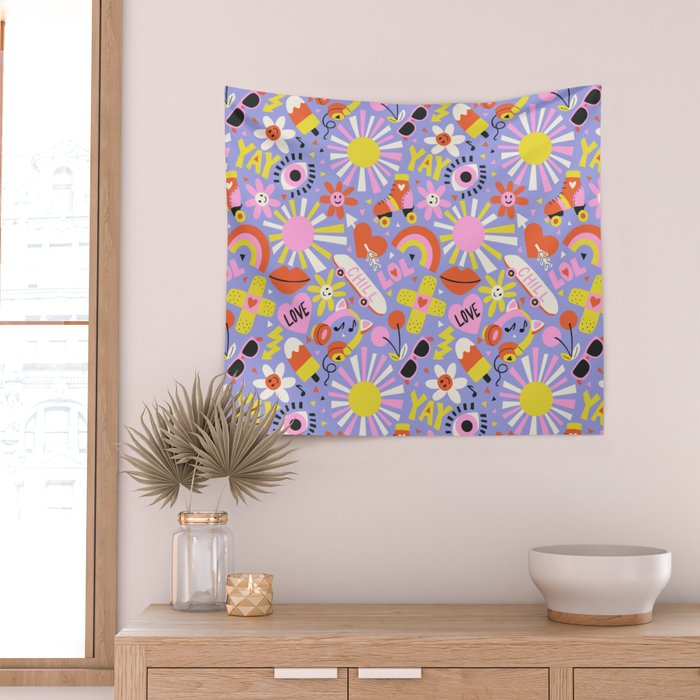 Tweenager Life Happy 90s Roller Skates Retro Positivity Pattern Wall Tapestry Gallery Image 2