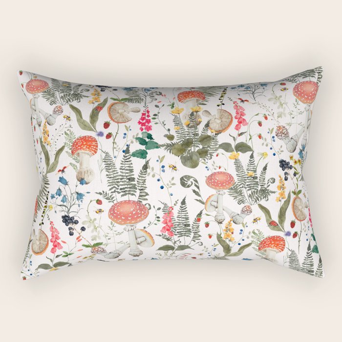 Watercolor Hand Drawn Mushroom Autumn Garden Rectangular Pillow Gallery Image 1