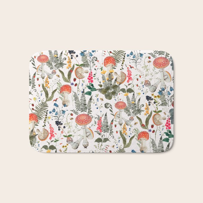 Watercolor Hand Drawn Mushroom Autumn Garden Bath Mat Gallery Image 1