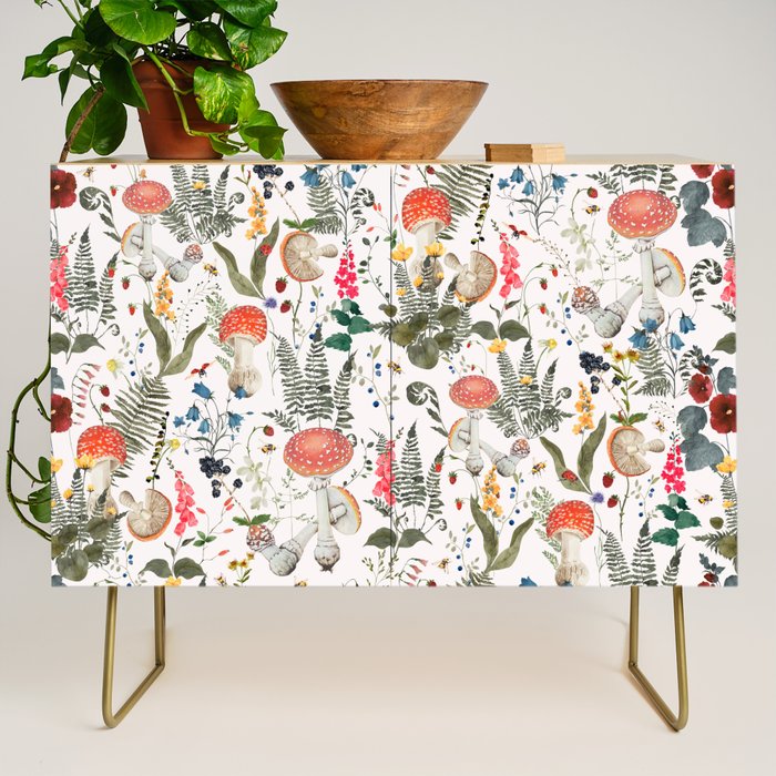 Watercolor Hand Drawn Mushroom Autumn Garden Credenza Gallery Image 1