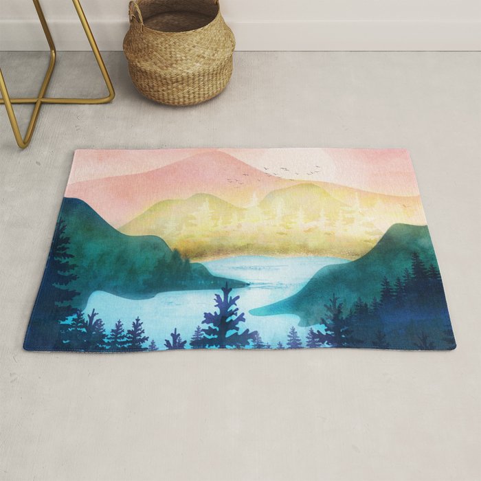 Lake beneath the towering hills Rug Gallery Image 1
