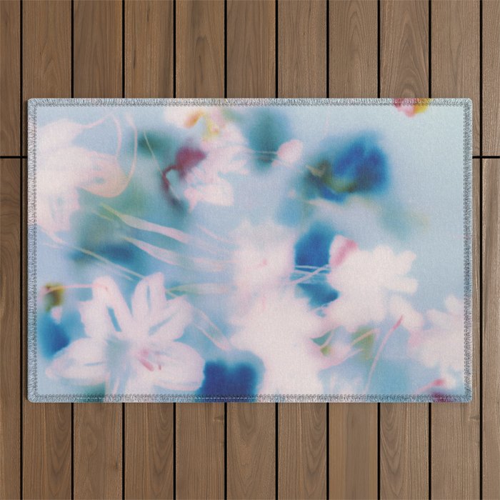 Soft Blurred Floral Abstraction in Pastel Blue and Pink Outdoor Rug Gallery Image 1