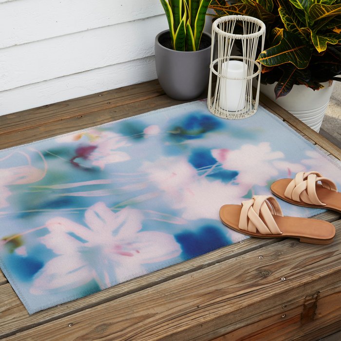 Soft Blurred Floral Abstraction in Pastel Blue and Pink Outdoor Rug Gallery Image 2