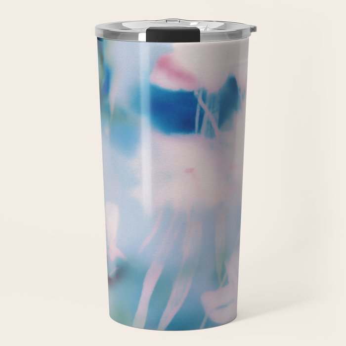 Soft Blurred Floral Abstraction in Pastel Blue and Pink Travel Mug Gallery Image 1