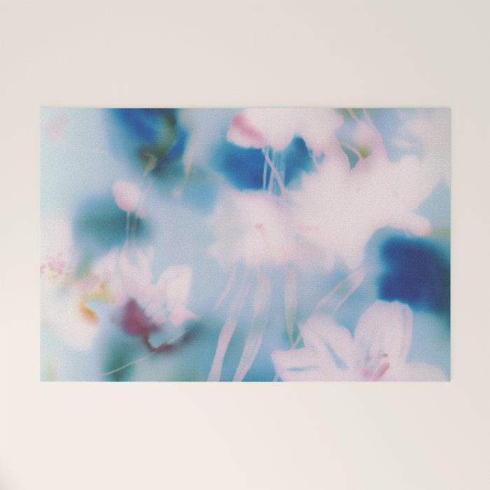 Soft Blurred Floral Abstraction in Pastel Blue and Pink Welcome Mat Gallery Image 1