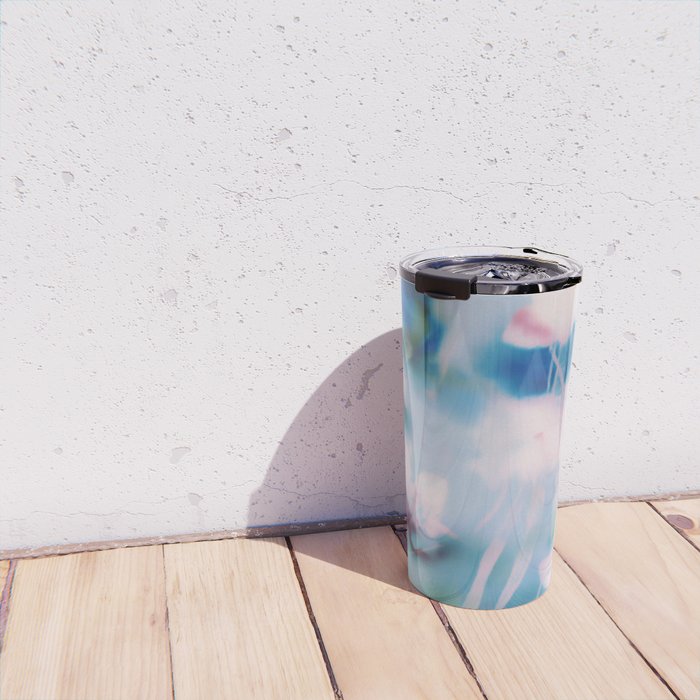 Soft Blurred Floral Abstraction in Pastel Blue and Pink Travel Mug Gallery Image 4