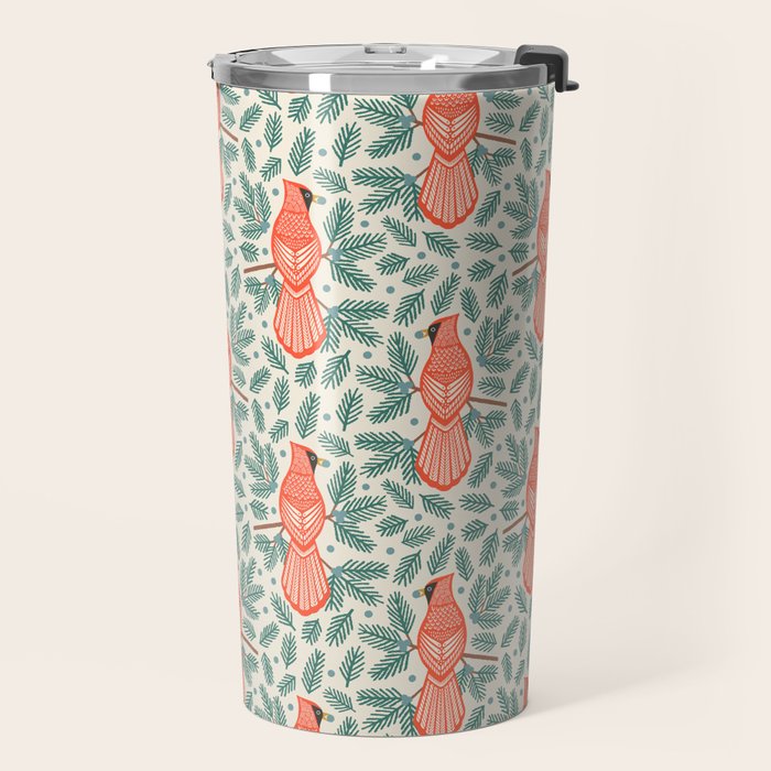 Cardinal Bird and Pine Branches Travel Mug Gallery Image 2