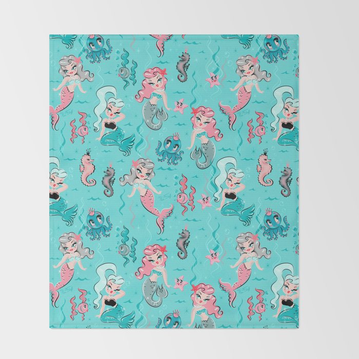 Babydoll Mermaids on Aqua Throw Blanket Gallery Image 2