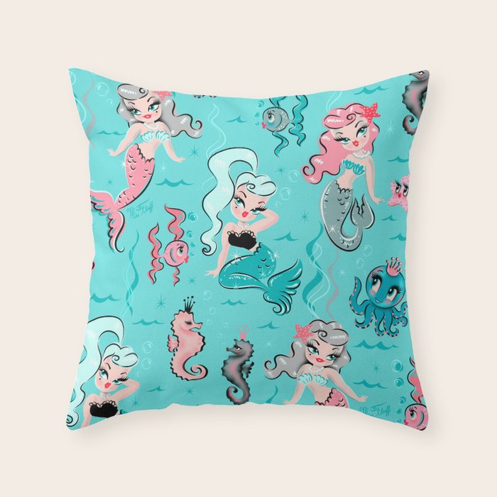 Babydoll Mermaids on Aqua Throw Pillow Gallery Image 6