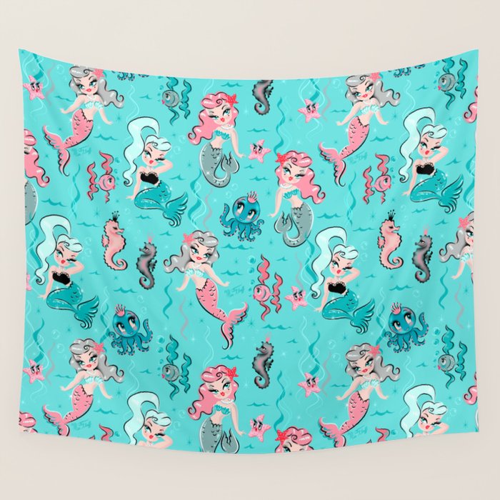 Babydoll Mermaids on Aqua Wall Tapestry Gallery Image 1