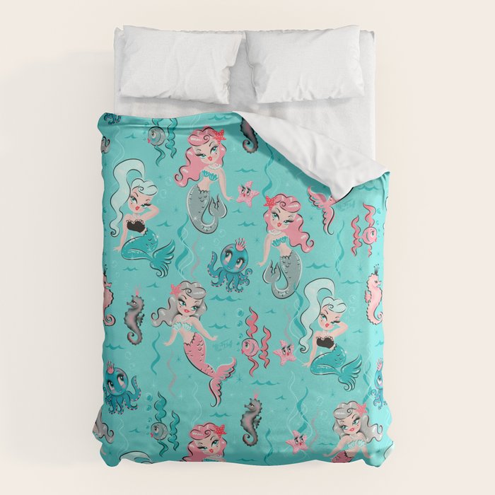 Babydoll Mermaids on Aqua Duvet Cover Gallery Image 6