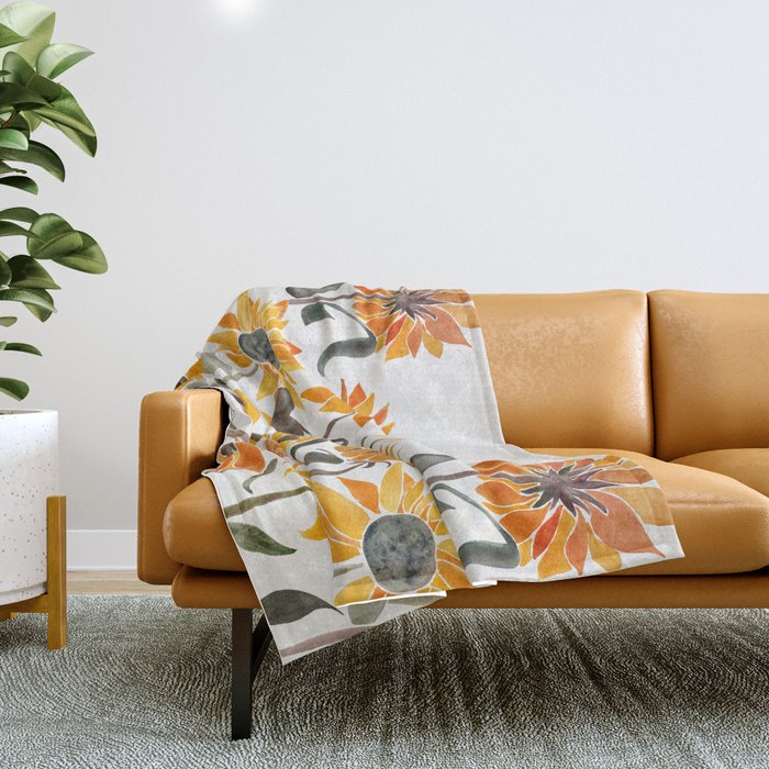 Sunflower Watercolor - Yellow & Black Palette Throw Blanket Gallery Image 1