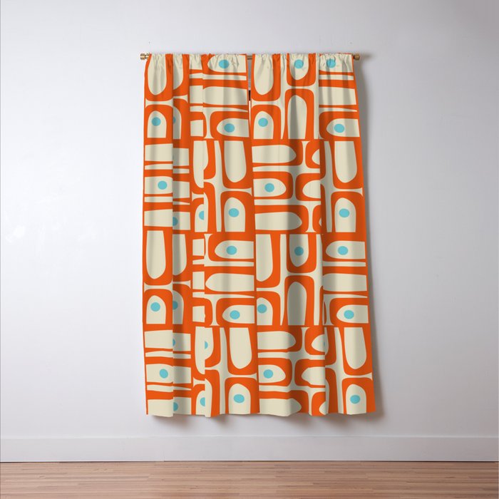 Mid Century Modern Piquet Abstract Geometric Multi Pattern Orange Aqua Beige Window Curtain Gallery Image 3