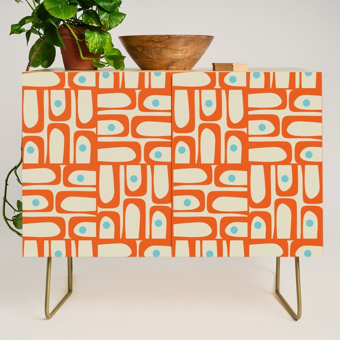 Mid Century Modern Piquet Abstract Geometric Multi Pattern Orange Aqua Beige Credenza Gallery Image 1
