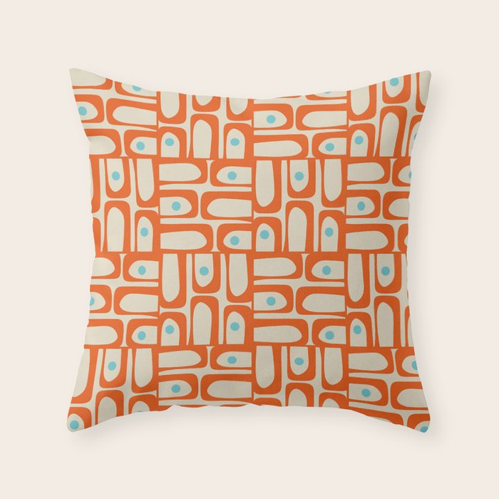 Mid Century Modern Piquet Abstract Geometric Multi Pattern Orange Aqua Beige Throw Pillow Gallery Image 6