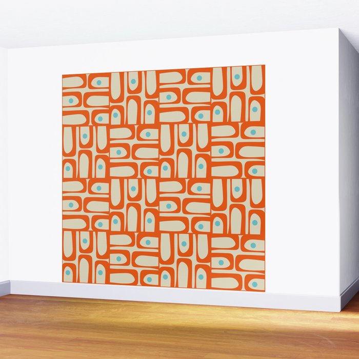 Mid Century Modern Piquet Abstract Geometric Multi Pattern Orange Aqua Beige Wall Mural Gallery Image 2