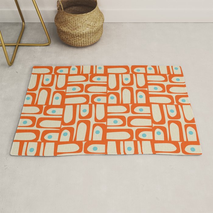 Mid Century Modern Piquet Abstract Geometric Multi Pattern Orange Aqua Beige Rug Gallery Image 1