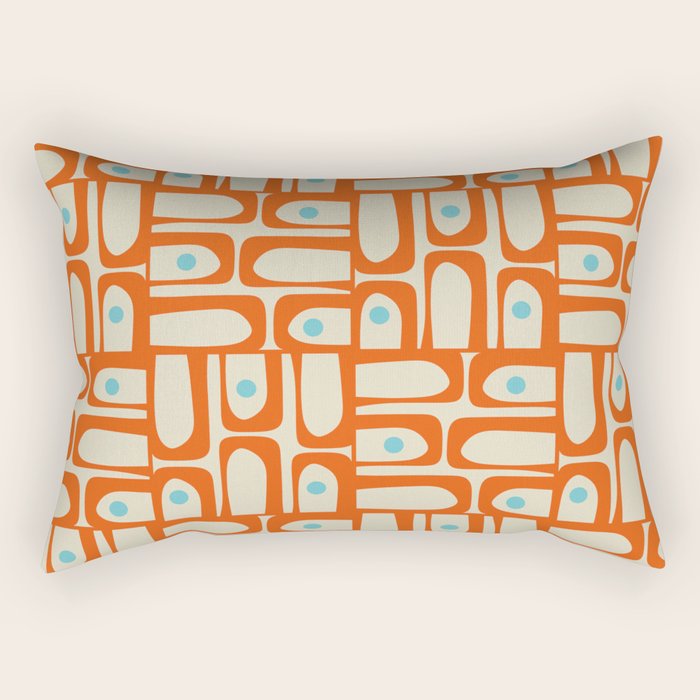 Mid Century Modern Piquet Abstract Geometric Multi Pattern Orange Aqua Beige Rectangular Pillow Gallery Image 1