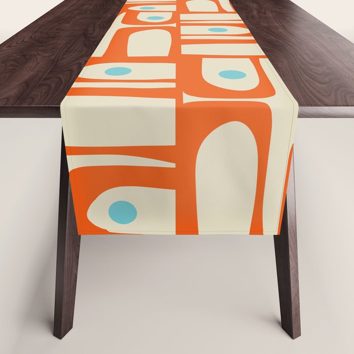 Mid Century Modern Piquet Abstract Geometric Multi Pattern Orange Aqua Beige Table Runner Gallery Image 1