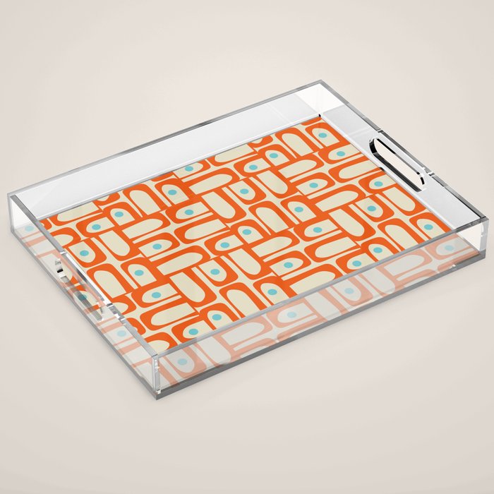 Mid Century Modern Piquet Abstract Geometric Multi Pattern Orange Aqua Beige Acrylic Tray Gallery Image 1