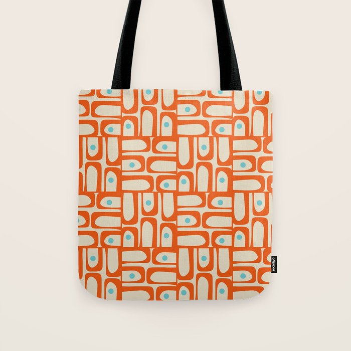 Mid Century Modern Piquet Abstract Geometric Multi Pattern Orange Aqua Beige Tote Bag Gallery Image 1