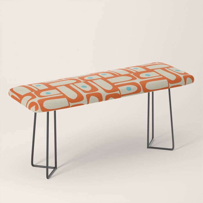 Mid Century Modern Piquet Abstract Geometric Multi Pattern Orange Aqua Beige Bench Gallery Image 1