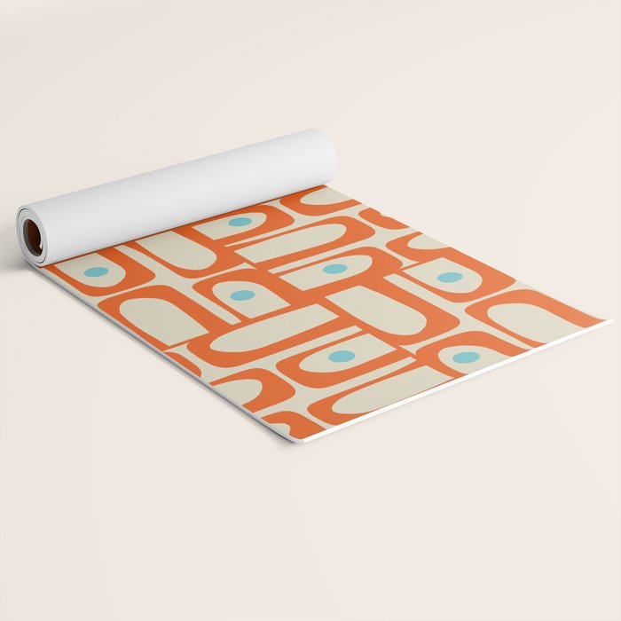 Mid Century Modern Piquet Abstract Geometric Multi Pattern Orange Aqua Beige Yoga Mat Gallery Image 2
