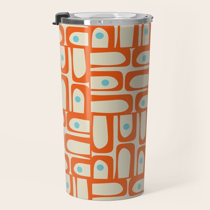 Mid Century Modern Piquet Abstract Geometric Multi Pattern Orange Aqua Beige Travel Mug Gallery Image 3