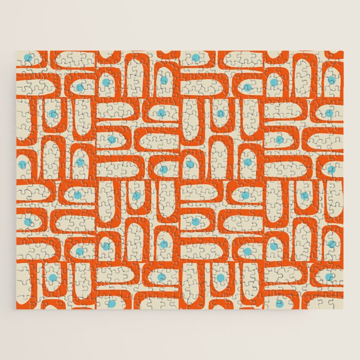 Mid Century Modern Piquet Abstract Geometric Multi Pattern Orange Aqua Beige Jigsaw Puzzle Gallery Image 1