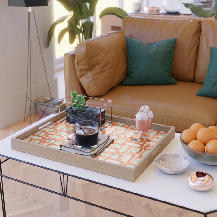 Mid Century Modern Piquet Abstract Geometric Multi Pattern Orange Aqua Beige Serving Tray Gallery Image 2