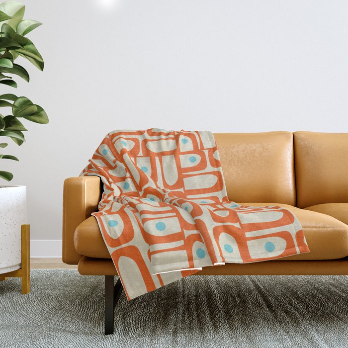 Mid Century Modern Piquet Abstract Geometric Multi Pattern Orange Aqua Beige Throw Blanket Gallery Image 1