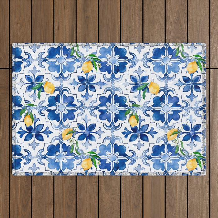 Blue tiles,mosaic,Mediterranean tiles,majolica art ,lemon ,citrus, Outdoor Rug Gallery Image 1