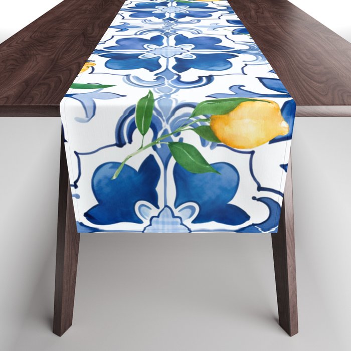 Blue tiles,mosaic,Mediterranean tiles,majolica art ,lemon ,citrus, Table Runner Gallery Image 1