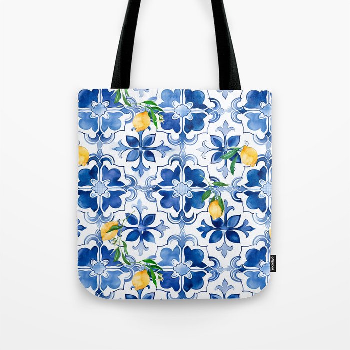 Blue tiles,mosaic,Mediterranean tiles,majolica art ,lemon ,citrus, Tote Bag Gallery Image 1