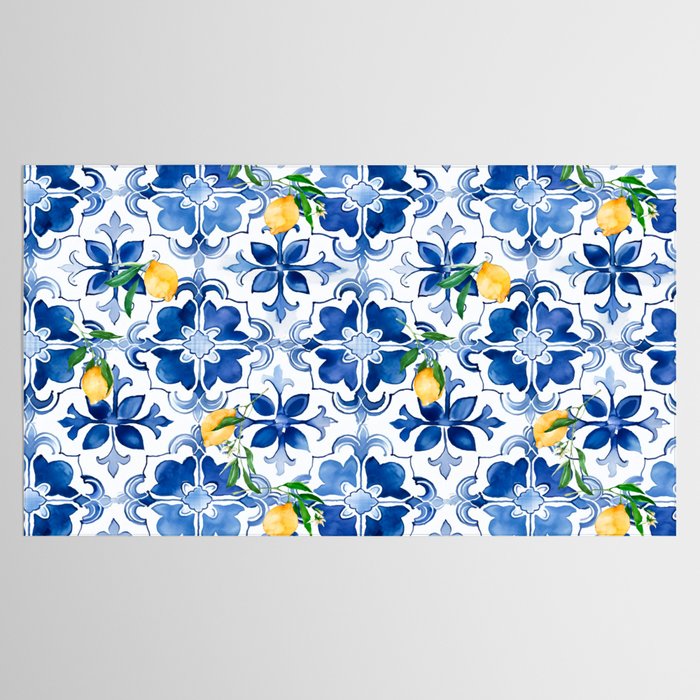 Blue tiles,mosaic,Mediterranean tiles,majolica art ,lemon ,citrus, Tablecloth Gallery Image 2